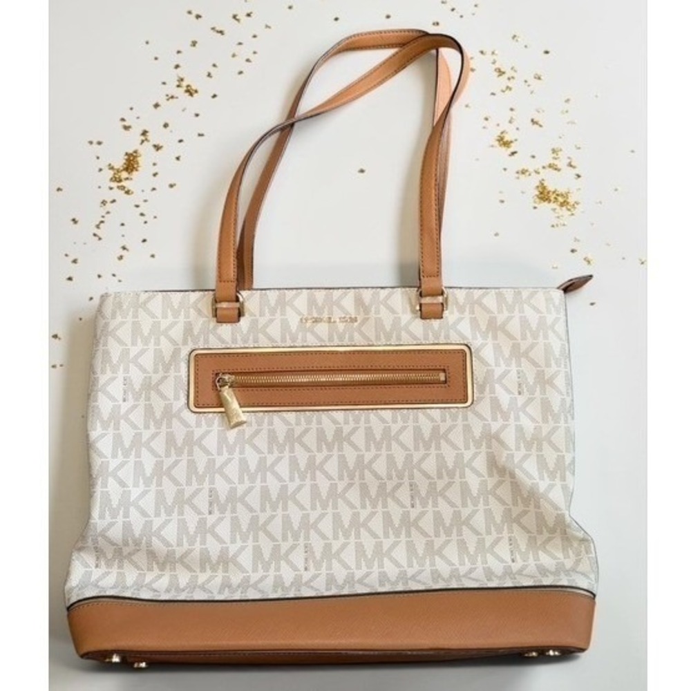 Michael Kors Jet Set East West Tote Vanilla Signature Logo Acorn Tan Leather